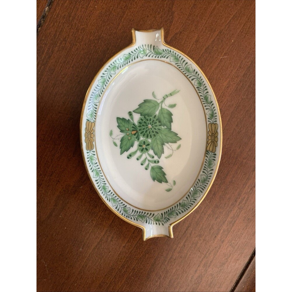 VTG HEREND HUNGARY CHINESE BOUQUET GREEN HAND PAINTED ASHTRAY/TRINKET PIN DISHES